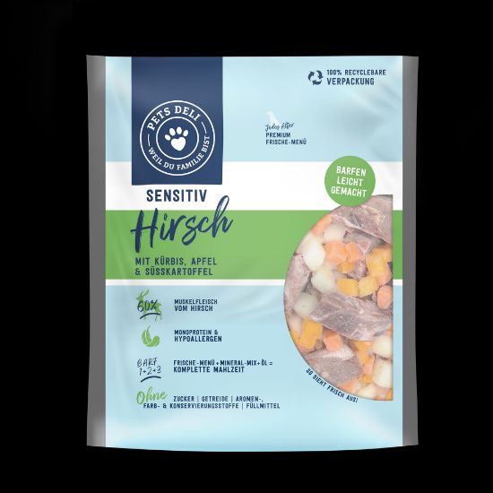 Hundefutter Sensitive BARF - Hirsch - Kürbis, Apfel und Süßkartoffel - Hypoallergen - Adult - getreidefrei, zuckerfrei - 5x400g von Pets Deli (Pets Deli)