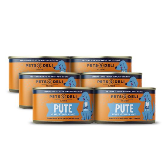 Nassfutter Pute für Hunde - 200g / 6er Pack ✓ getreidefrei & zuckerfrei ✓ Adult von Pets Deli (Pets Deli)