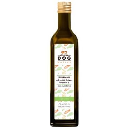 Dog-Native Wildfischöl für Hunde, natürliches Omega-3 Öl in Glasflasche mit EPA & DHA, Fischöl kein Lachsöl, Futteröl für Fell, Haut & Gelenke, Barf Zusatz mit Vitamin E, 500ml (Dog-Native)