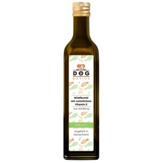 Dog-Native Wildfischöl für Hunde, natürliches Omega-3 Öl in Glasflasche mit EPA & DHA, Fischöl kein Lachsöl, Futteröl für Fell, Haut & Gelenke, Barf Zusatz mit Vitamin E, 500ml (Dog-Native)