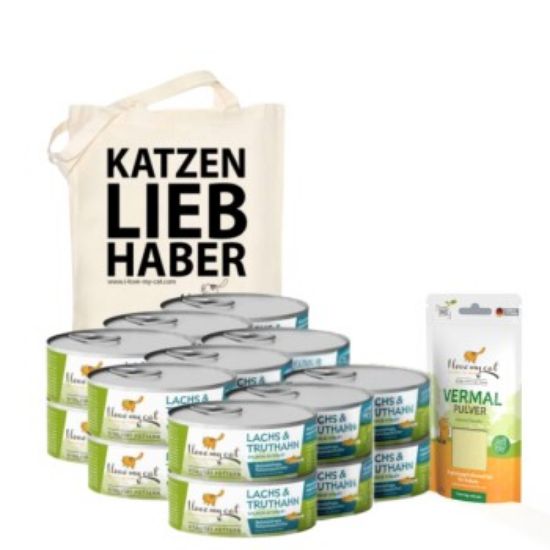 I love my cat Dealset für Katzen mit Giardien - 18 Dosen Nassfutter mit Pute und Lachs 100g + Vermal Pulver 35g + 1 Jutesack von I love my cat (I love my cat)