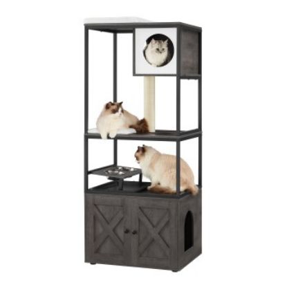 FEANDREA  Kratzbaum 3-in-1 mit erhöhter Napfständer dunkelgrau (FEANDREA)