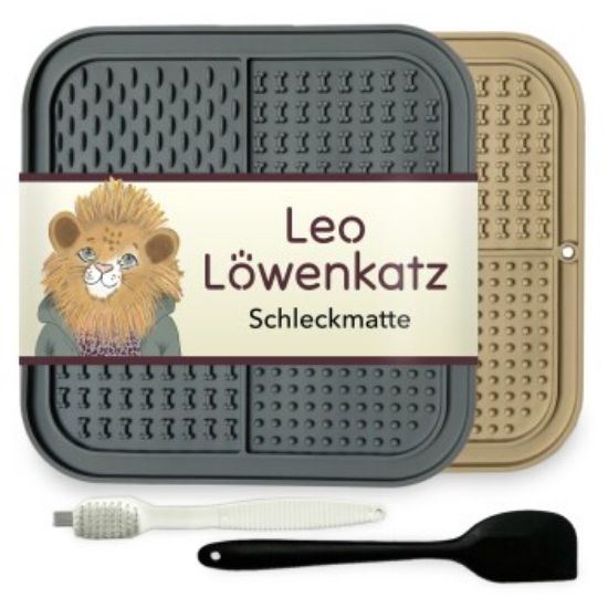 LEO LÖWENKATZ 2 x Schleckmatte für Katzen | Katzen Leckmatte | 2 Stück Slow Feeder aus lebensmittelechtem Silikon mit Bürste und Spatel (LEO LÖWENKATZ)