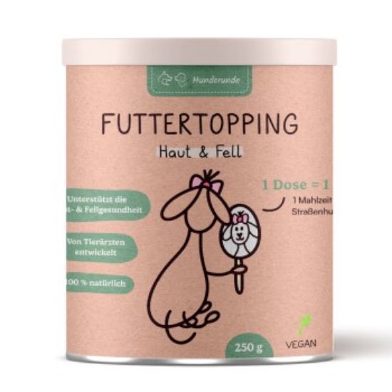 Hunderunde Futtertopping - Haut & Fell - Glänzendes Fell, Gesunde Haut, Natürliche Zutaten, vegan 250 g (Hunderunde)