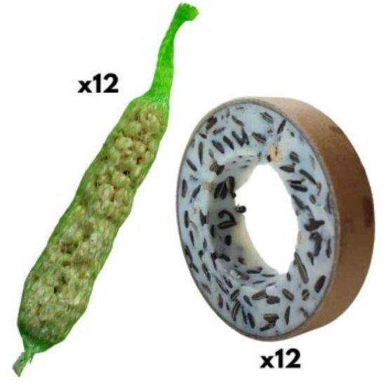 KLASEBO Vogelfutter, 12 Meisenringe + 12 Erdnussstangen für freilebende Vögel (KLASEBO)