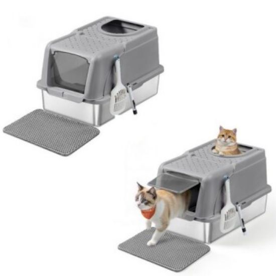 FEANDREA 2er Edelstahl Katzentoilette XL mit Deckel 2 Eingängen grau (FEANDREA)