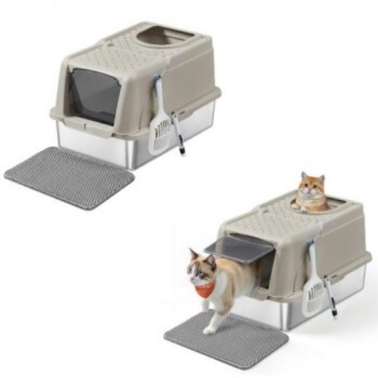 FEANDREA 2er Edelstahl Katzentoilette XL mit Deckel 2 Eingängen beige (FEANDREA)