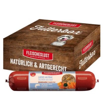 Fleischeslust Nassfutter Hund Adult Futterbox 6x 800 g Lachs, Rind, Karotte, Kürbis & Spirulina 6x800 g (Fleischeslust)