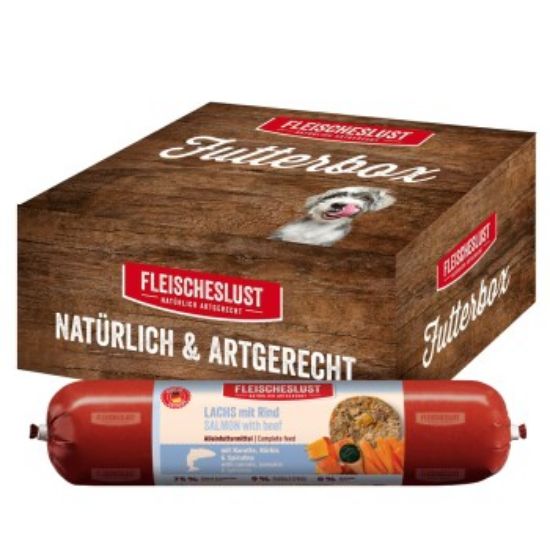Fleischeslust Nassfutter Hund Adult Futterbox 6x 800 g Lachs, Rind, Karotte, Kürbis & Spirulina 6x800 g (Fleischeslust)