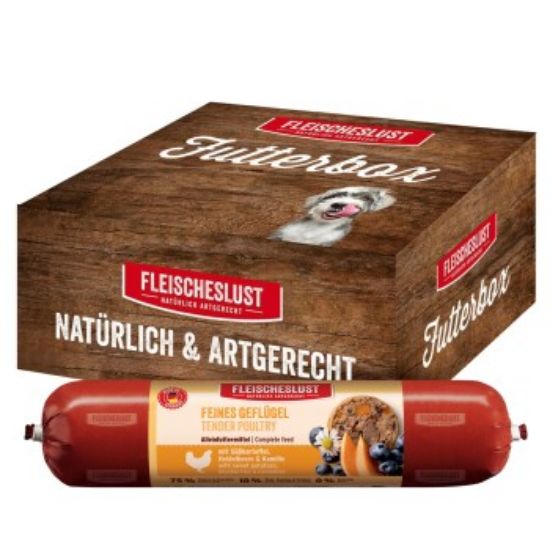 Fleischeslust Nassfutter Hund Adult Futterbox Geflügel, Heidelbeere, Süßkartoffel & Kamille 6x800 g (Fleischeslust)