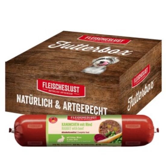Fleischeslust Nassfutter Hund Adult Futterbox Kaninchen, Rind, Erbse, Birne & rote Bete 6x800 g (Fleischeslust)